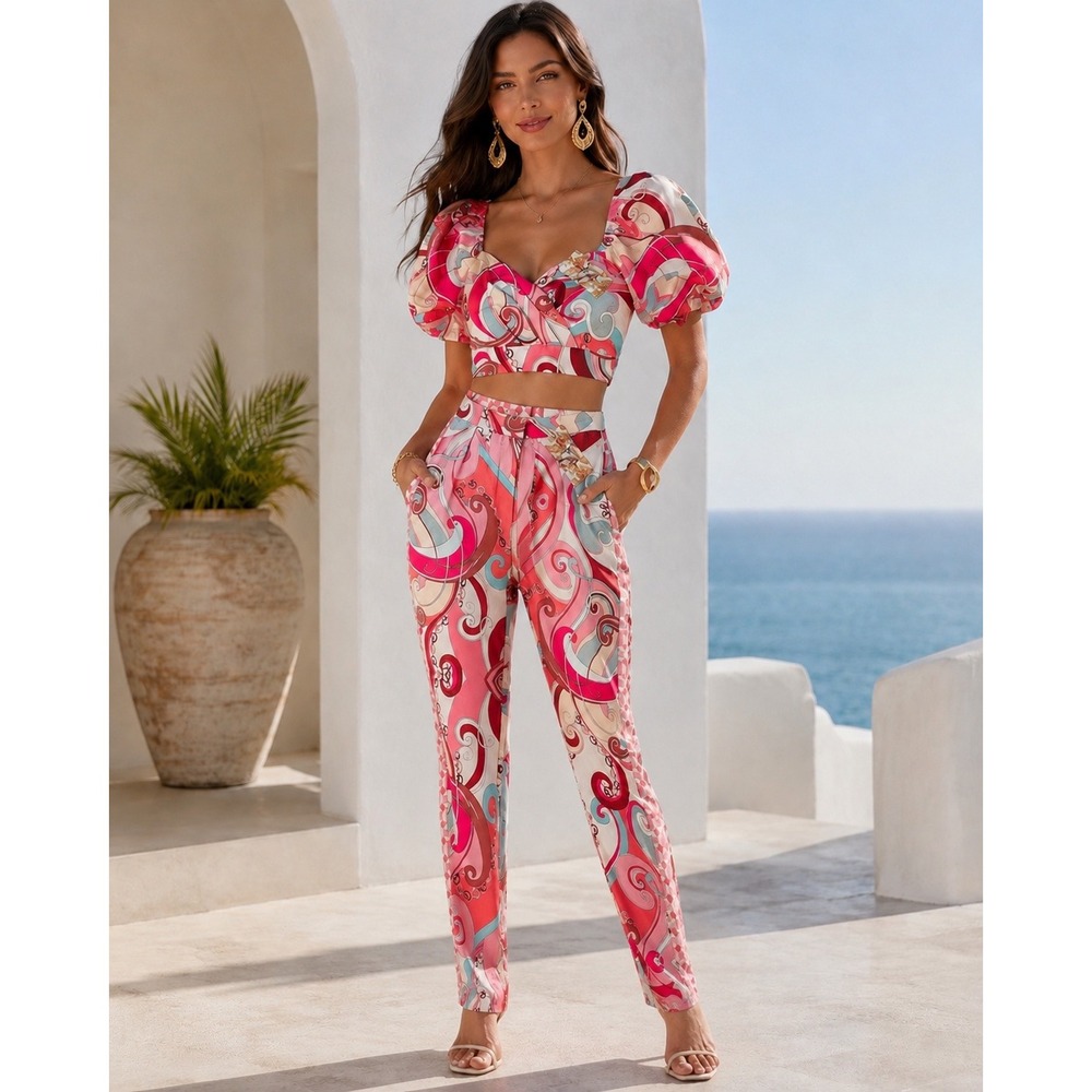 NWT A.Peach Pink Swirl Print 2 Piece Set Womens S/M Crop Top & High Waist Pants